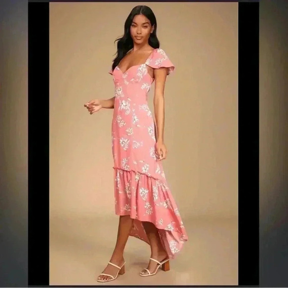 Hello to Love Pink Floral Print Lace-Up High-Low Maxi Dress Size Small - Picture 1 of 12